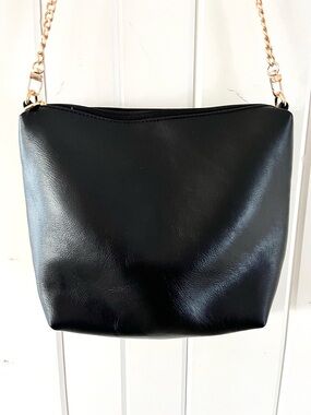 Anthropologie Sleek Black Faux Leather Shoulder Bag with Gold Chain Strap